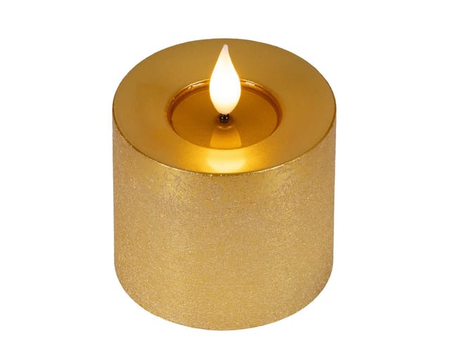 Lumineo LED-Kerze, Timer, warmweiß, LED Kerze 7,5x9,5cm mit Timer Wachs Flacker-Effekt Gold / Warmweiß