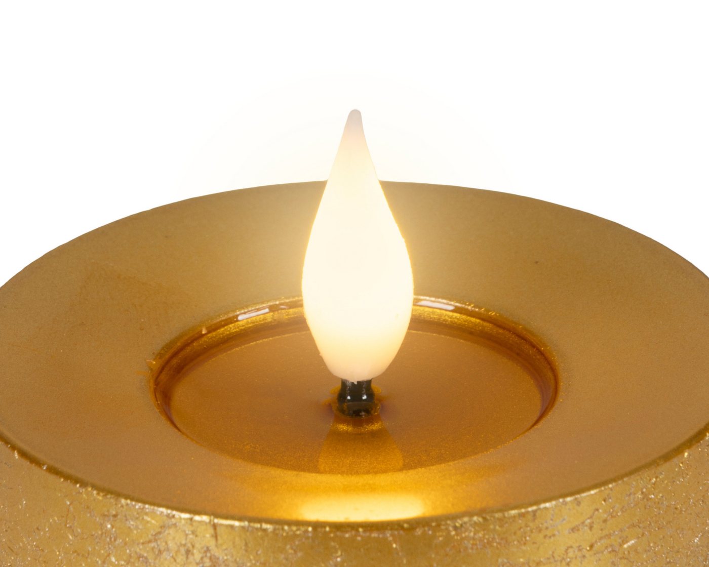 Lumineo LED-Kerze, Timer, warmweiß, LED Kerze 7,5x9,5cm mit Timer Wachs Flacker-Effekt Gold / Warmweiß Bild 4