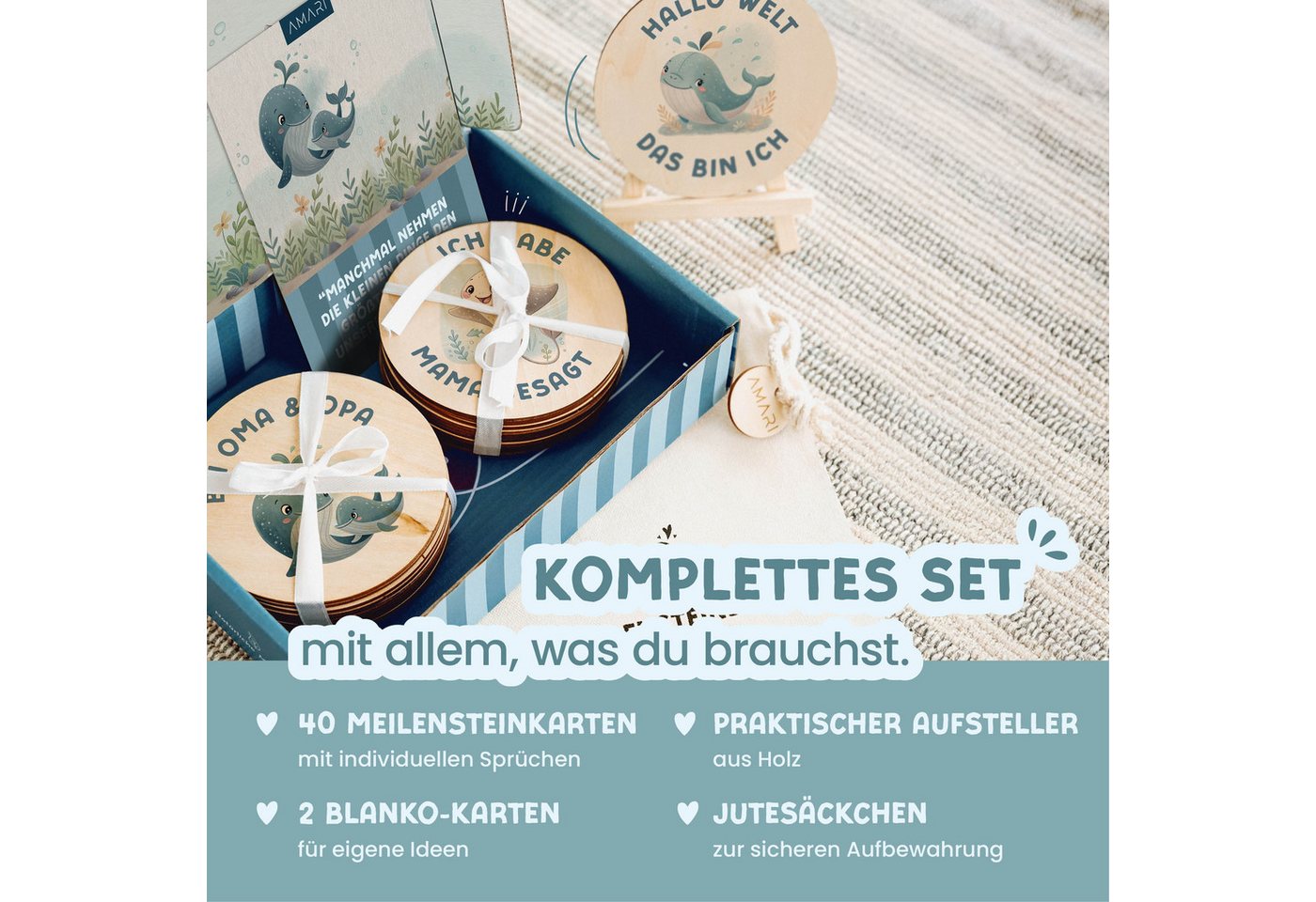 Amari Geburtskarte 42 Meilensteinkarten Unterwasserwelt Baby aus Holz inkl. Aufbewahrung, Geschenkidee Babyparty