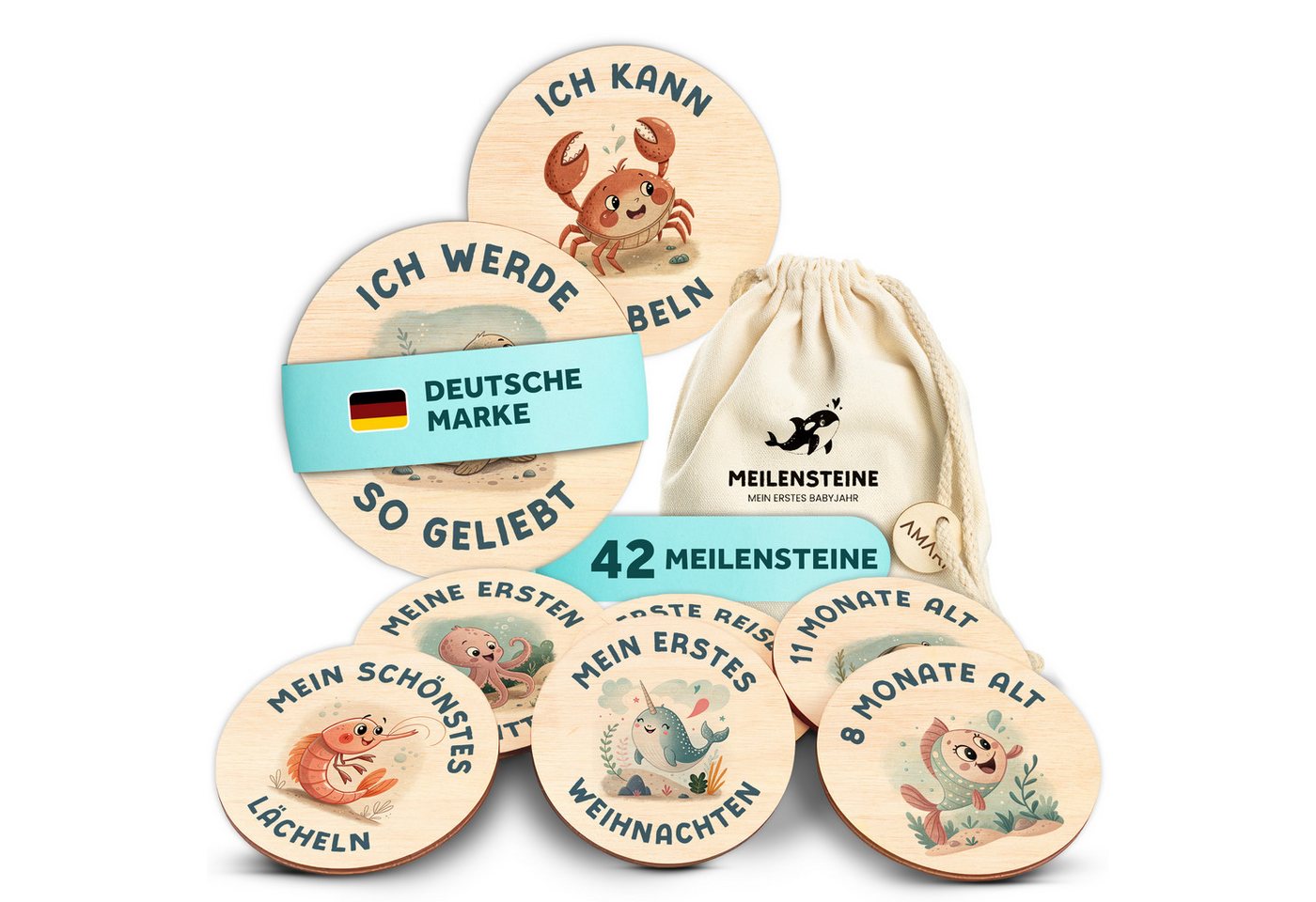 Amari Geburtskarte 42 Meilensteinkarten Unterwasserwelt Baby aus Holz inkl. Aufbewahrung, Geschenkidee Babyparty Bild 3