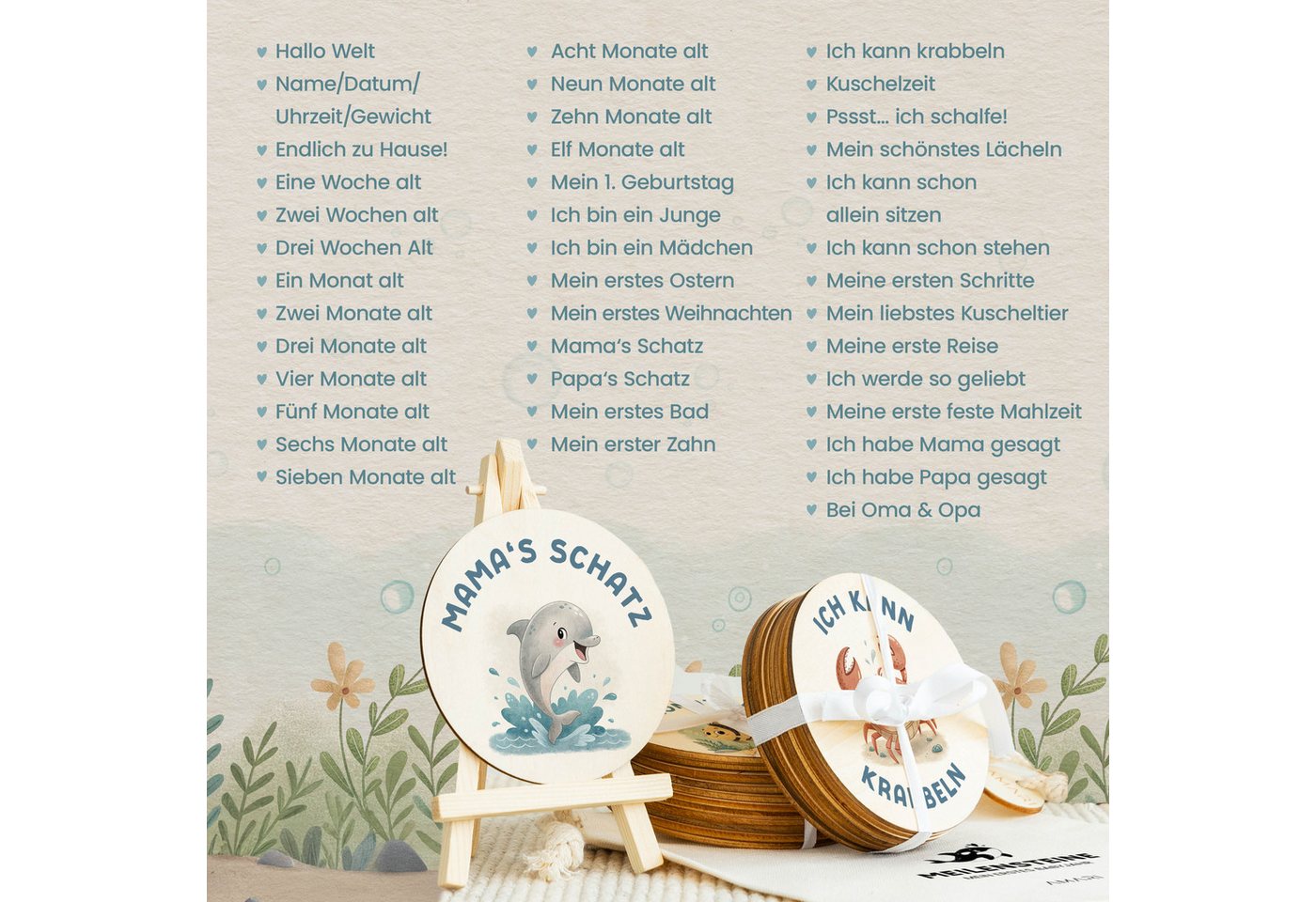 Amari Geburtskarte 42 Meilensteinkarten Unterwasserwelt Baby aus Holz inkl. Aufbewahrung, Geschenkidee Babyparty Bild 4