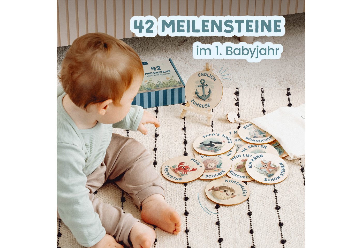 Amari Geburtskarte 42 Meilensteinkarten Unterwasserwelt Baby aus Holz inkl. Aufbewahrung, Geschenkidee Babyparty Bild 5