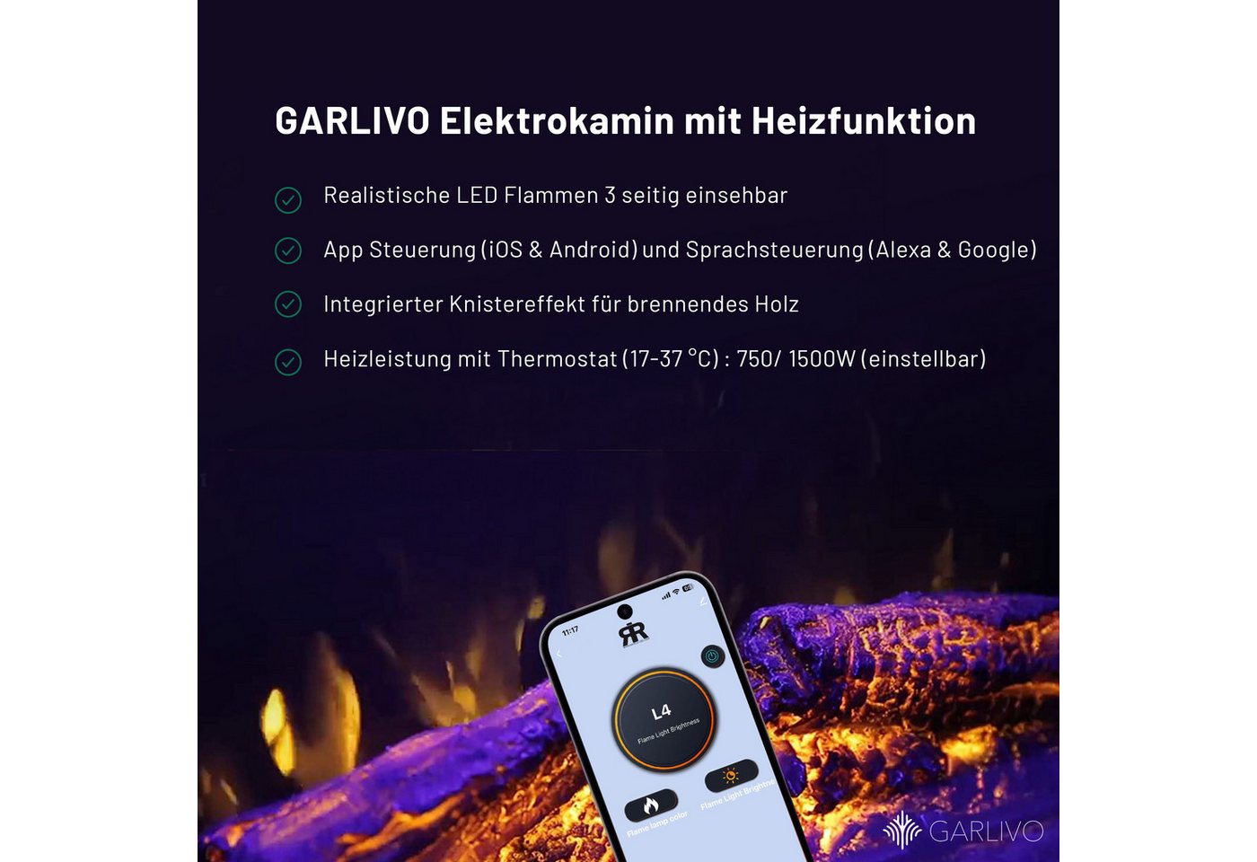 GARLIVO Elektrokamin Napoli, täuschend echte Flamme mit Heizung und Knistereffekt