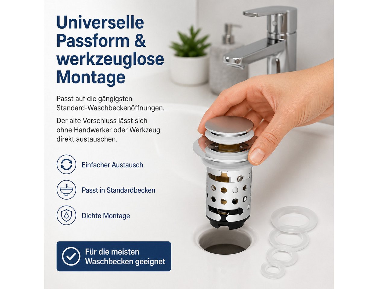 Luckice Waschbeckenstöpsel mit Abflusssieb, aus 304 Edelstahl 100% wasserdicht, (Universeller Pop Up Abflussstopfen mit Haarsieb, schnell ablaufend, für Bad, Küche, Dusche & Badewanne)