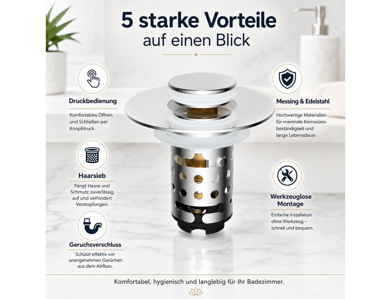 Luckice Waschbeckenstöpsel mit Abflusssieb, aus 304 Edelstahl 100% wasserdicht, (Universeller Pop Up Abflussstopfen mit Haarsieb, schnell ablaufend, für Bad, Küche, Dusche & Badewanne) Bild 2