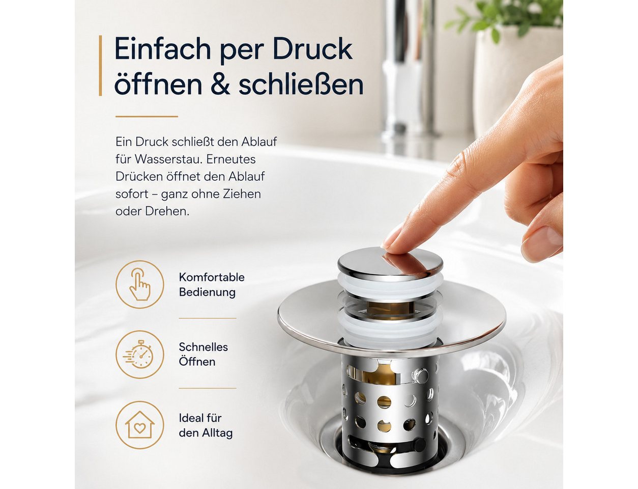 Luckice Waschbeckenstöpsel mit Abflusssieb, aus 304 Edelstahl 100% wasserdicht, (Universeller Pop Up Abflussstopfen mit Haarsieb, schnell ablaufend, für Bad, Küche, Dusche & Badewanne) Bild 4