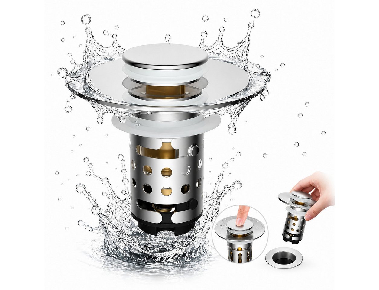 Luckice Waschbeckenstöpsel mit Abflusssieb, aus 304 Edelstahl 100% wasserdicht, (Universeller Pop Up Abflussstopfen mit Haarsieb, schnell ablaufend, für Bad, Küche, Dusche & Badewanne) Bild 5