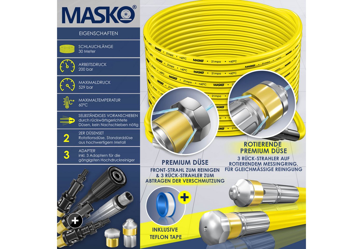 MASKO Hochdruckschlauch, Premium Rohrreinigungsschlauch Set Abflussreiniger 200 bar