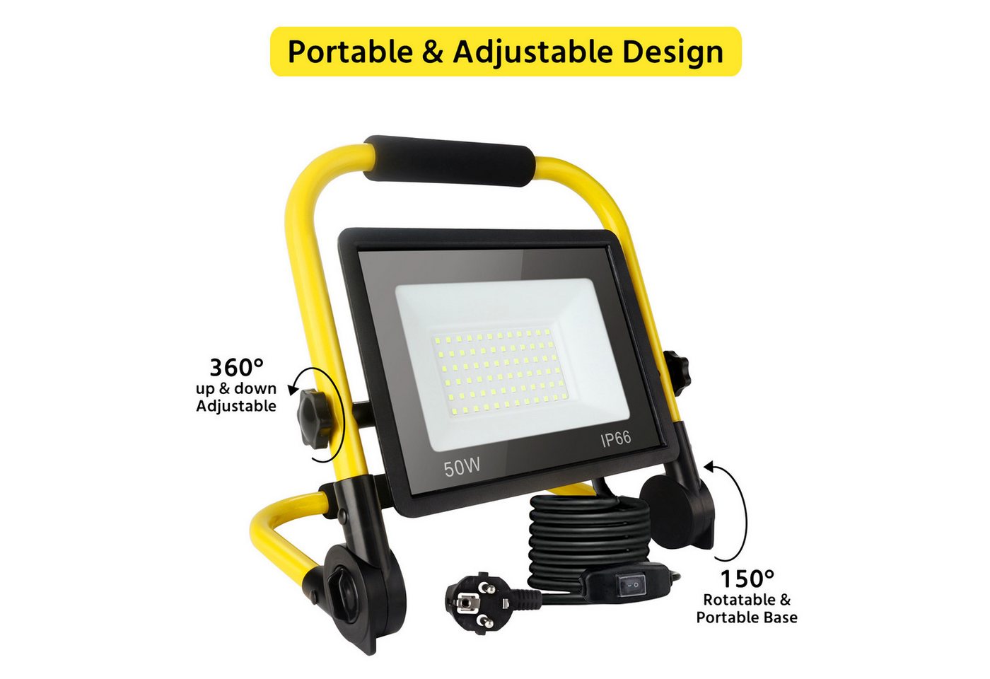 POPOLIC LED Baustrahler Tragbare Baustellenleuchte mit Aluminium-Gehäuse, 50W, IP66 wasserdicht, Baustellenbeleuchtung mit 3,5 m Kabel und EU-Stecker für Werkstatt und Garage, 50-W-LED-Baustellenstrahler, 5400 lm Arbeitsscheinwerfer Bild 5