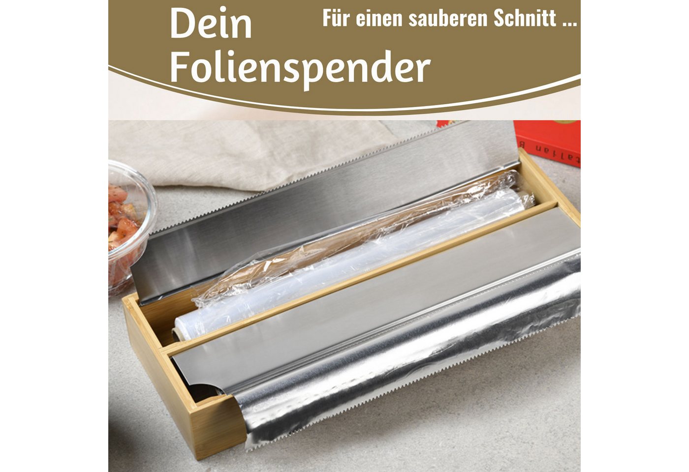LS-LebenStil Folienspender 2-fach Holz Bambus Schubladen Alufolienspender Folienschneider 35x13cm, (für Schubladen ideal, Abroller Alufolienspender Alufolien-Spender, 1-St., Folienabroller passend für Alufolie Frischhaltefolie), FSC zertifiziert