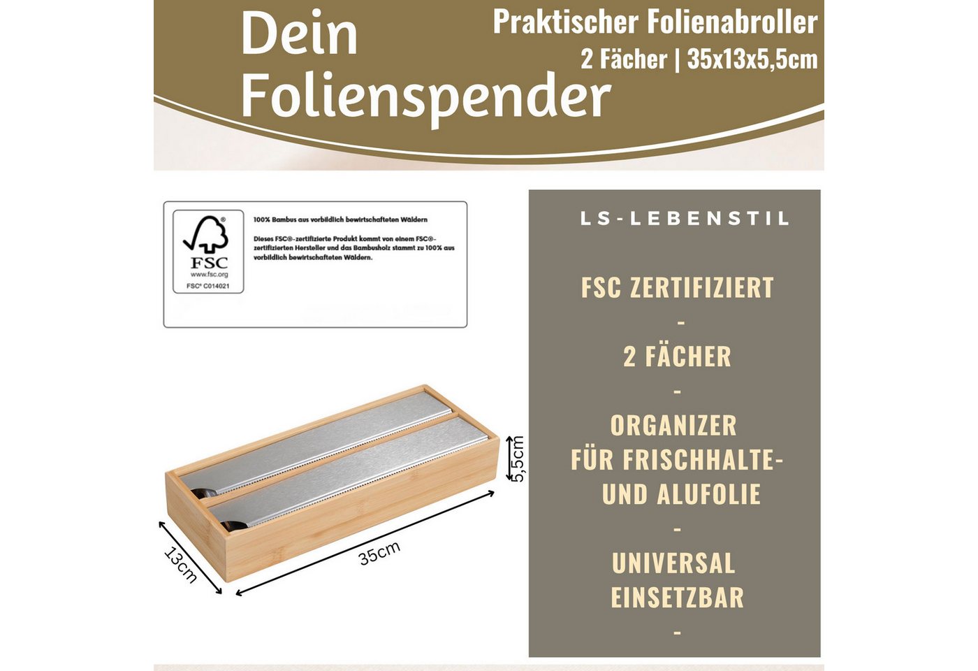 LS-LebenStil Folienspender 2-fach Holz Bambus Schubladen Alufolienspender Folienschneider 35x13cm, (für Schubladen ideal, Abroller Alufolienspender Alufolien-Spender, 1-St., Folienabroller passend für Alufolie Frischhaltefolie), FSC zertifiziert Bild 2