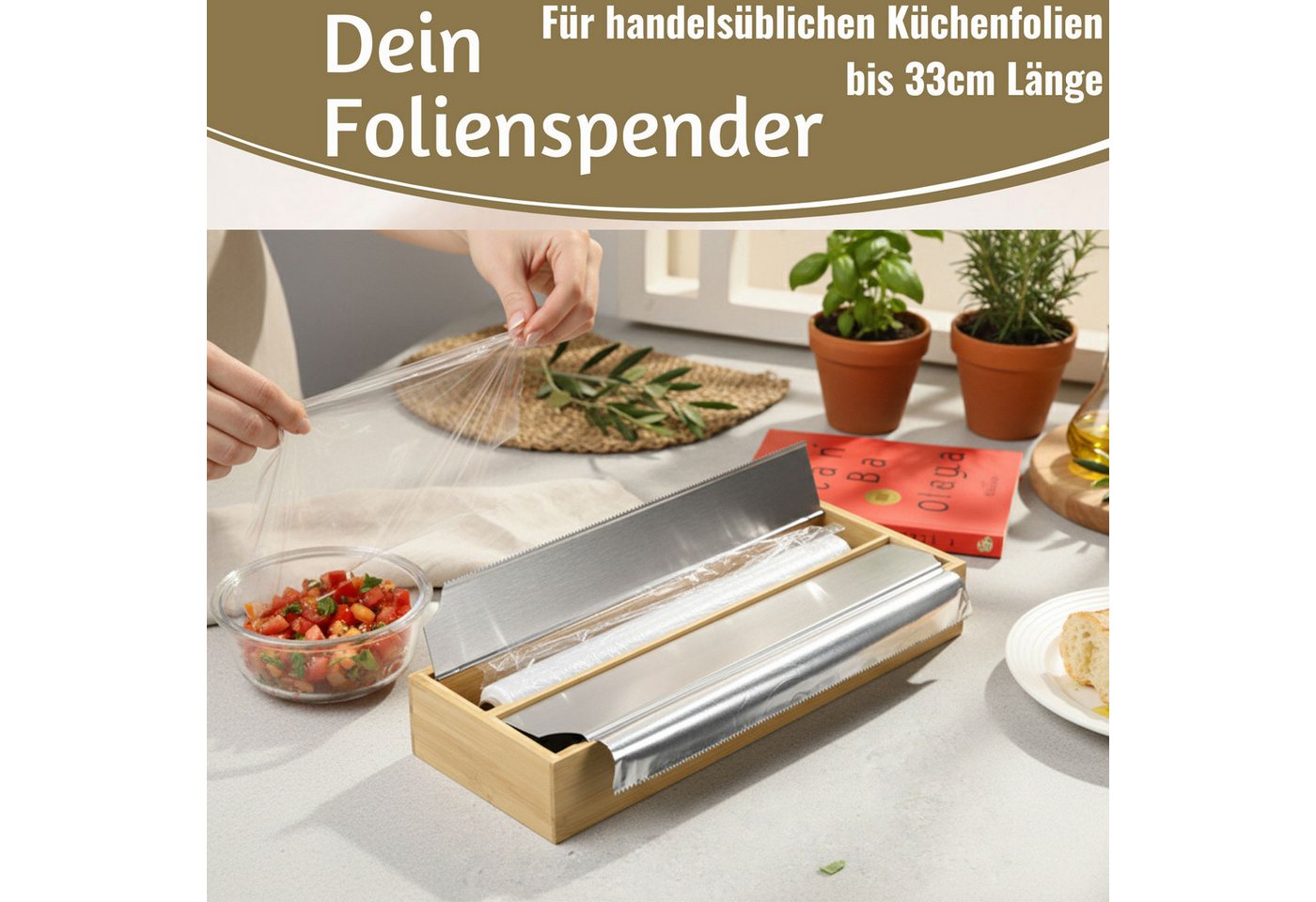 LS-LebenStil Folienspender 2-fach Holz Bambus Schubladen Alufolienspender Folienschneider 35x13cm, (für Schubladen ideal, Abroller Alufolienspender Alufolien-Spender, 1-St., Folienabroller passend für Alufolie Frischhaltefolie), FSC zertifiziert Bild 3