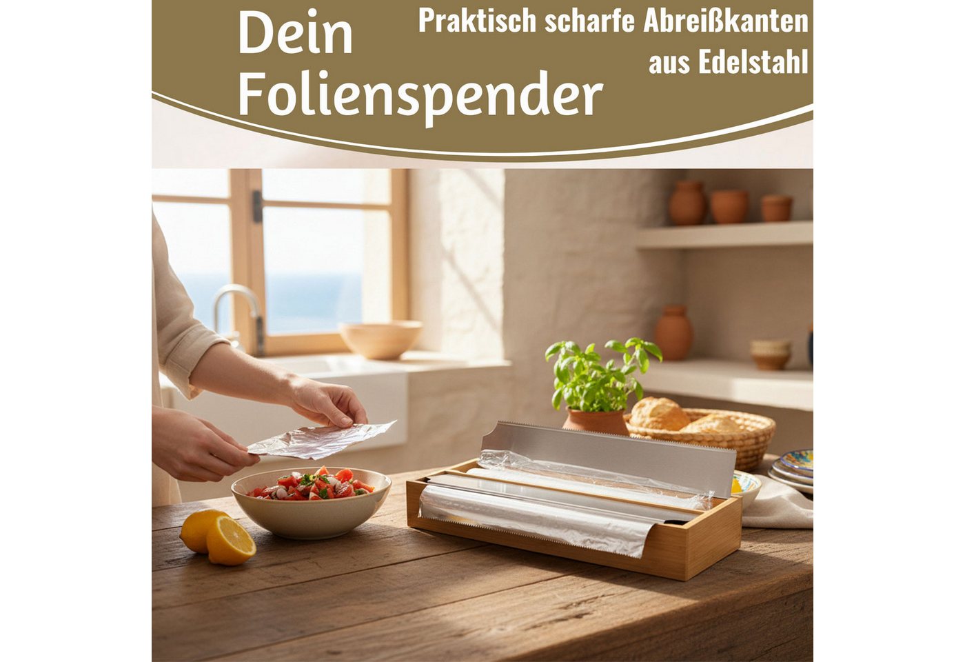 LS-LebenStil Folienspender 2-fach Holz Bambus Schubladen Alufolienspender Folienschneider 35x13cm, (für Schubladen ideal, Abroller Alufolienspender Alufolien-Spender, 1-St., Folienabroller passend für Alufolie Frischhaltefolie), FSC zertifiziert Bild 4