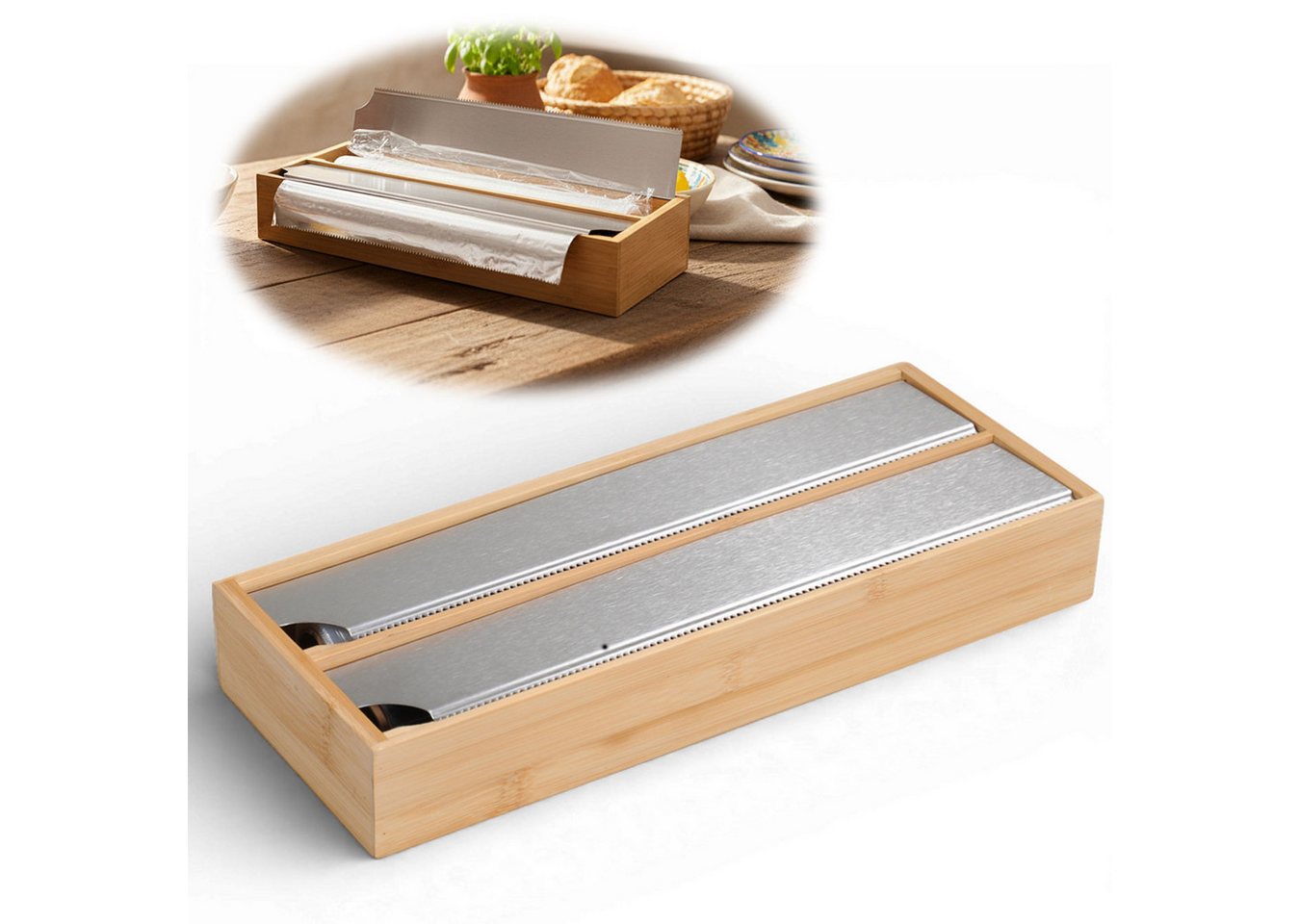 LS-LebenStil Folienspender 2-fach Holz Bambus Schubladen Alufolienspender Folienschneider 35x13cm, (für Schubladen ideal, Abroller Alufolienspender Alufolien-Spender, 1-St., Folienabroller passend für Alufolie Frischhaltefolie), FSC zertifiziert Bild 5