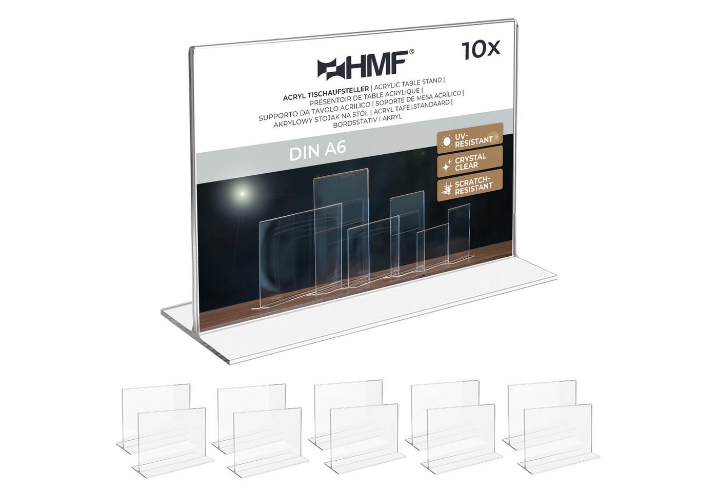 HMF Bilderrahmen Acryl Tischaufsteller DIN A6, Doppelseitiger, für 1 Bilder (10 St), T-Ständer Aufsteller 10 Stück Querformat Glasklar