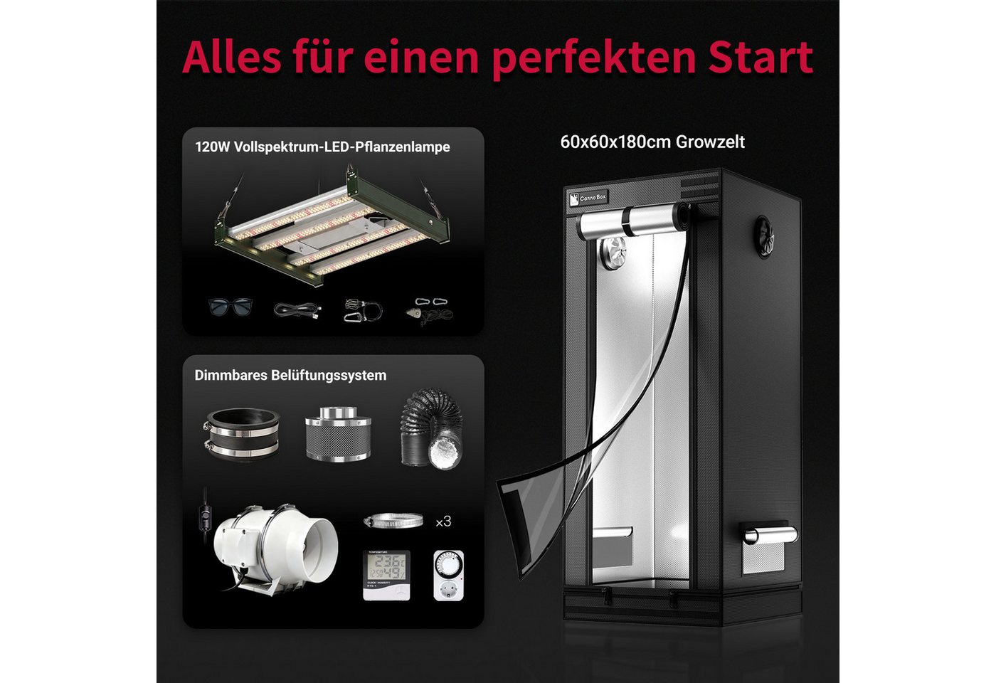 CannoBox Gewächshaus CannoBox Growzelt 100mm Abluft Komplett Set Pflanzenlampe Bild 4