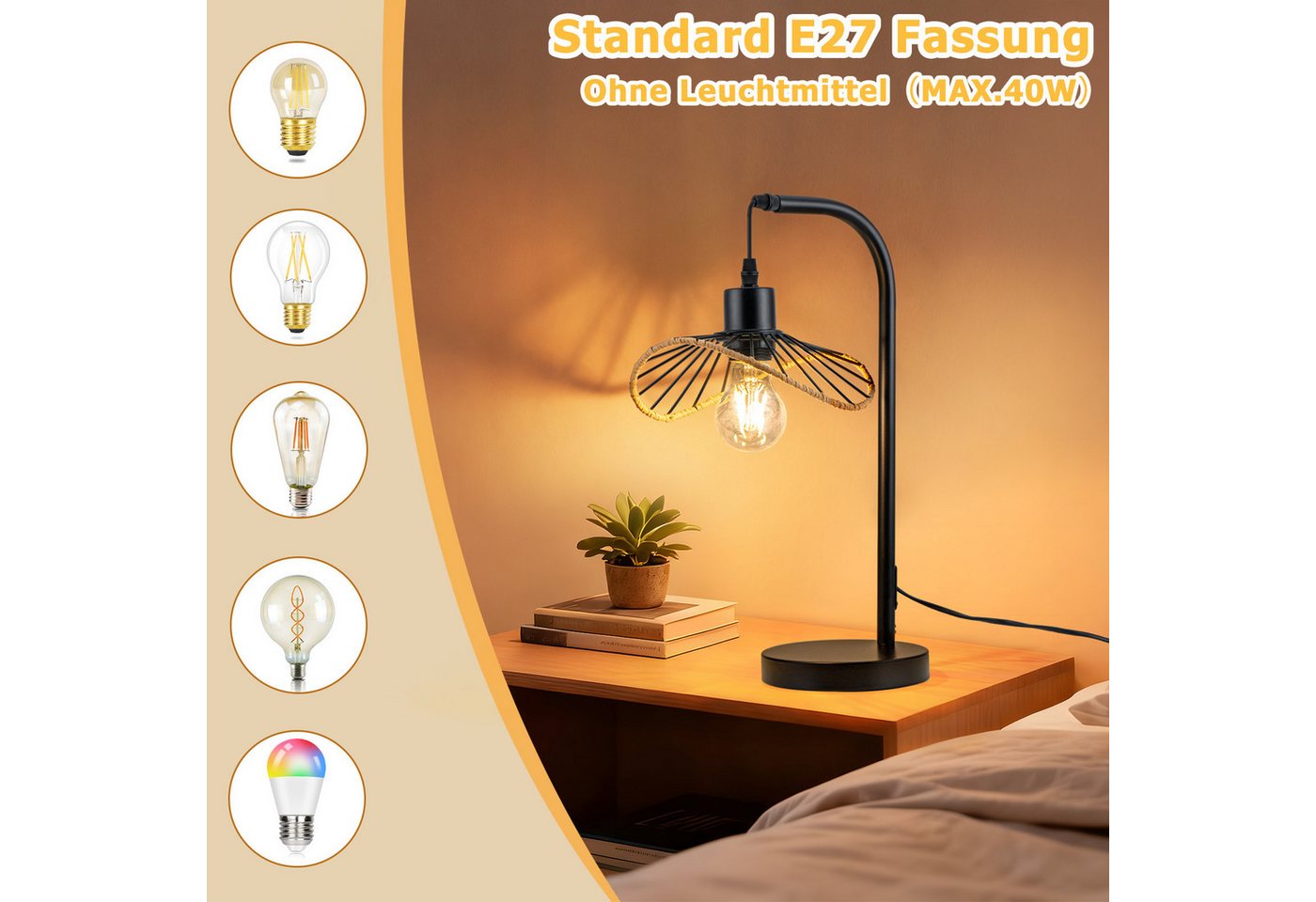 Nettlife Tischleuchte Schwarz Industrial Vintage E27 Sockel für Schlafzimmer Wohnzimmer, ohne Leuchtmittel, Nachttischlampe als Leselampe & Schreibtischleuchte Bild 3
