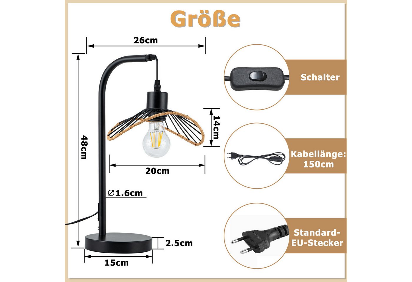Nettlife Tischleuchte Schwarz Industrial Vintage E27 Sockel für Schlafzimmer Wohnzimmer, ohne Leuchtmittel, Nachttischlampe als Leselampe & Schreibtischleuchte Bild 4