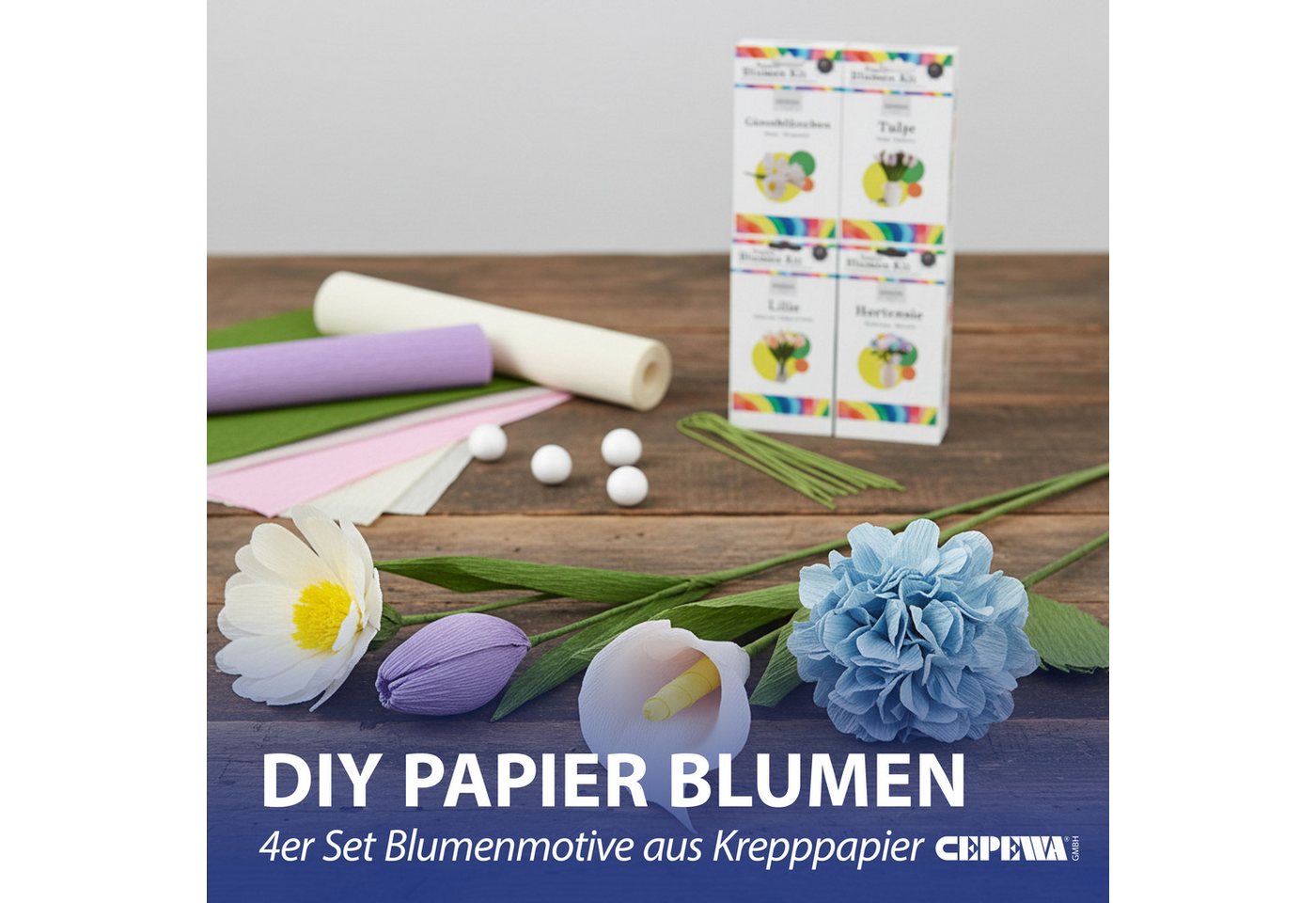 CEPEWA Papierblumen Papierblumen Bastelset DIY 4er Set Krepppapier 13,5x26x2cm 4 Sorten