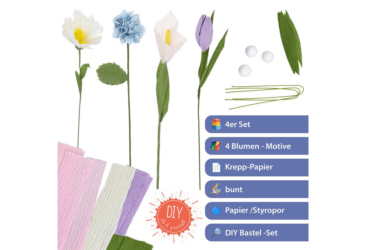 CEPEWA Papierblumen Papierblumen Bastelset DIY 4er Set Krepppapier 13,5x26x2cm 4 Sorten Bild 2