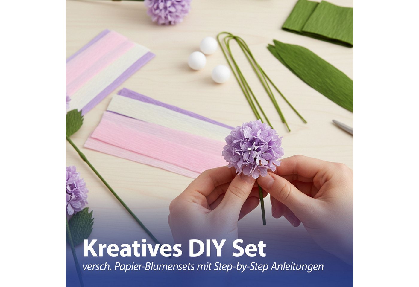 CEPEWA Papierblumen Papierblumen Bastelset DIY 4er Set Krepppapier 13,5x26x2cm 4 Sorten Bild 4