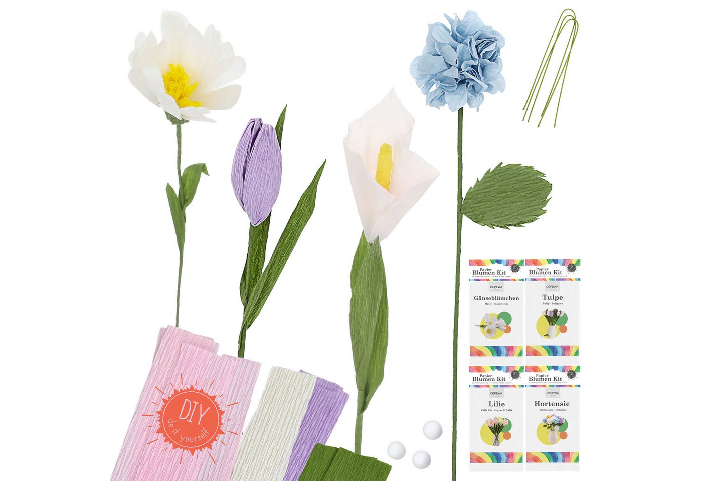 CEPEWA Papierblumen Papierblumen Bastelset DIY 4er Set Krepppapier 13,5x26x2cm 4 Sorten Bild 5