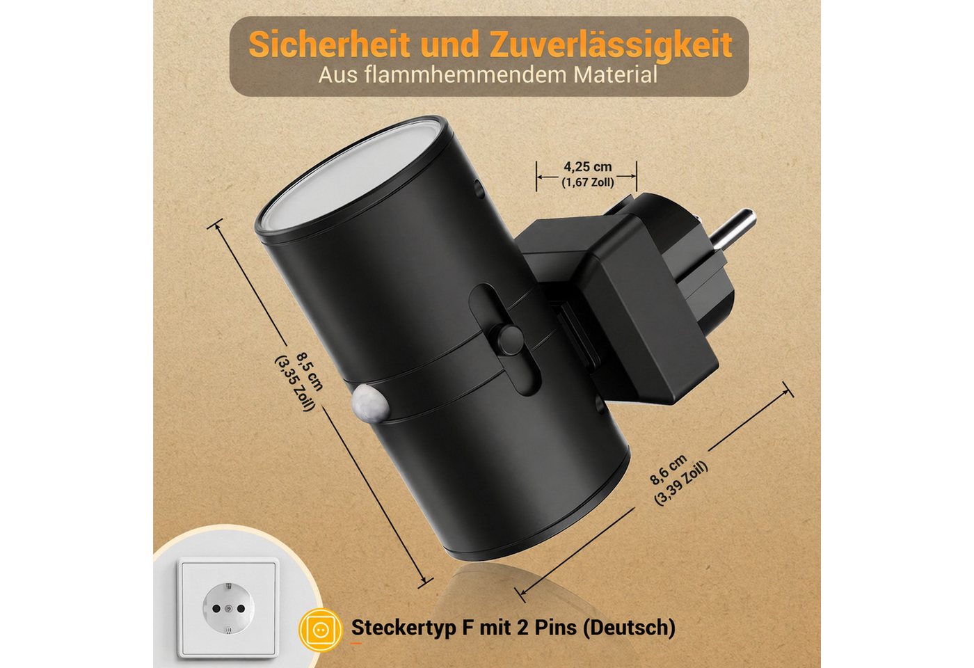 LOHAS-LED Nachtlicht 2er Set LED Nachtlicht mit Bewegungsmelder, Steckdose Warmweiß 3000K, LED fest integriert, Warmweiß 3000K, Bewegungsmelder 120° Stufenlos dimmbar 0-100LM Augenschonendes