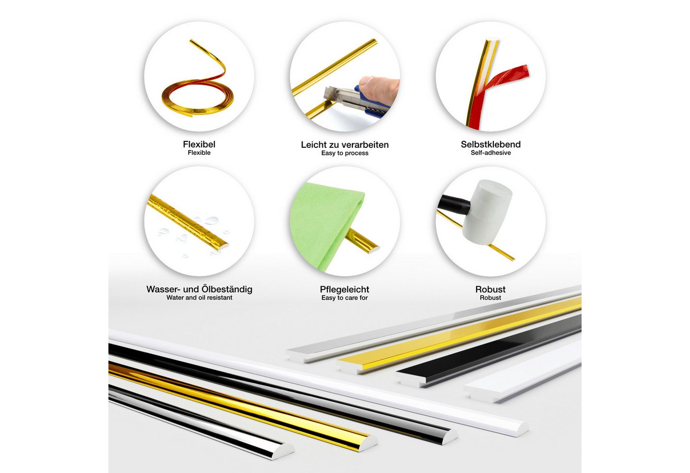 Hexim Zierleiste, 3M Randleiste - Modell D1, Selbstklebende Zierleisten flexibel universelle Profile Wandleiste Gold Chrom Weiß Schwarz 300cm Spiegelrand Möbel Deckenleiste (1 Leiste D1-C chrom)