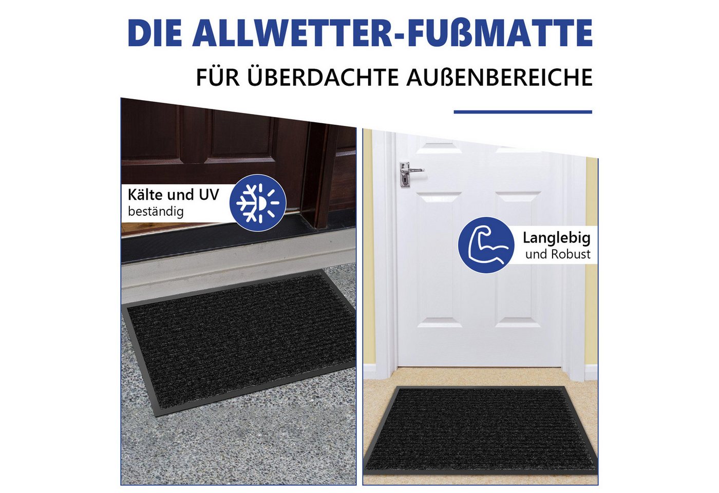 SunJas Fußmatte Schmutzfang‑Eingangsmatte rutschfest für Innen & Außen, Rechteckig, Höhe: 6 mm, gestreifte Fußmatte mit Gummirand für Haustür, Terrasse
