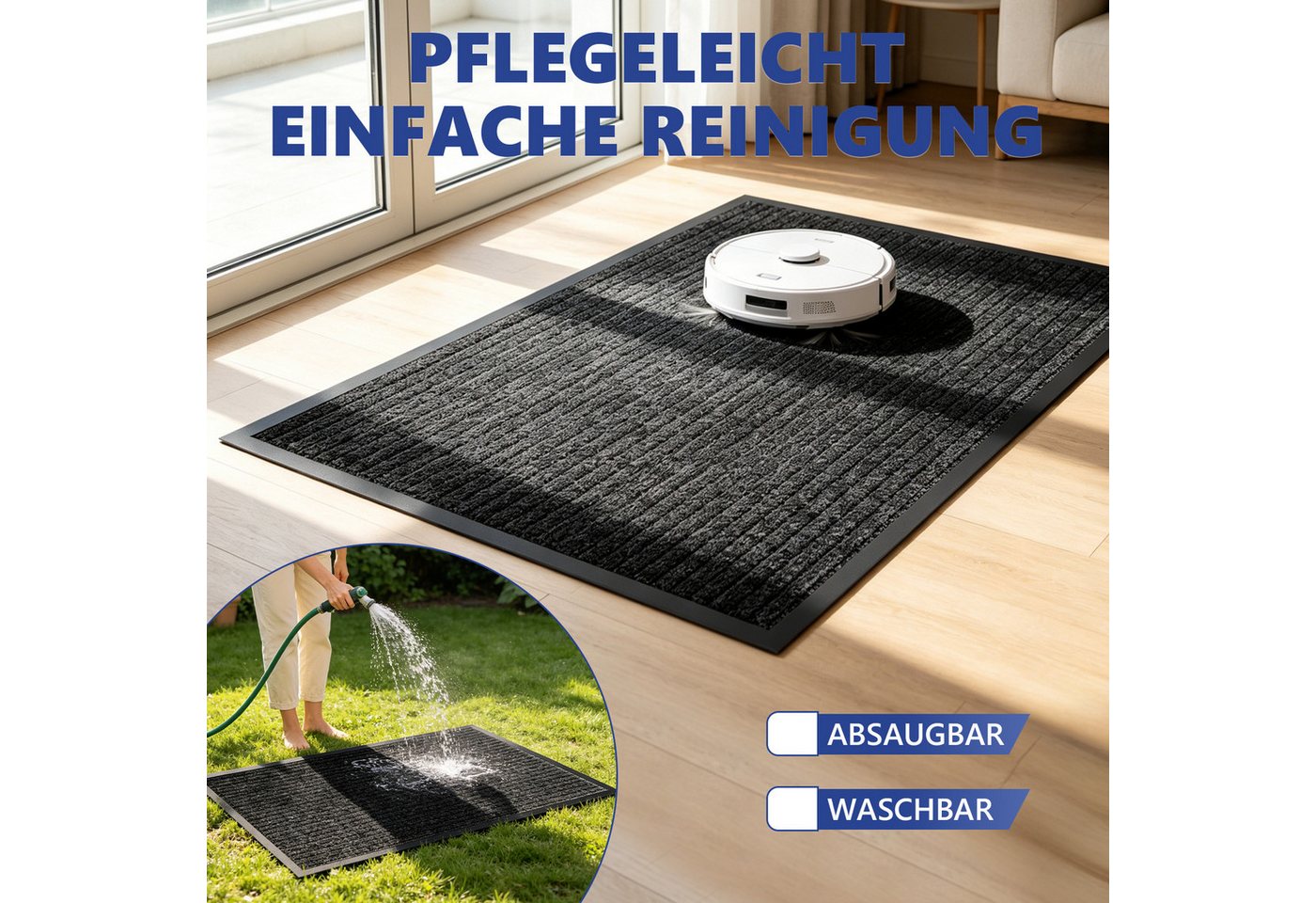 SunJas Fußmatte Schmutzfang‑Eingangsmatte rutschfest für Innen & Außen, Rechteckig, Höhe: 6 mm, gestreifte Fußmatte mit Gummirand für Haustür, Terrasse Bild 4