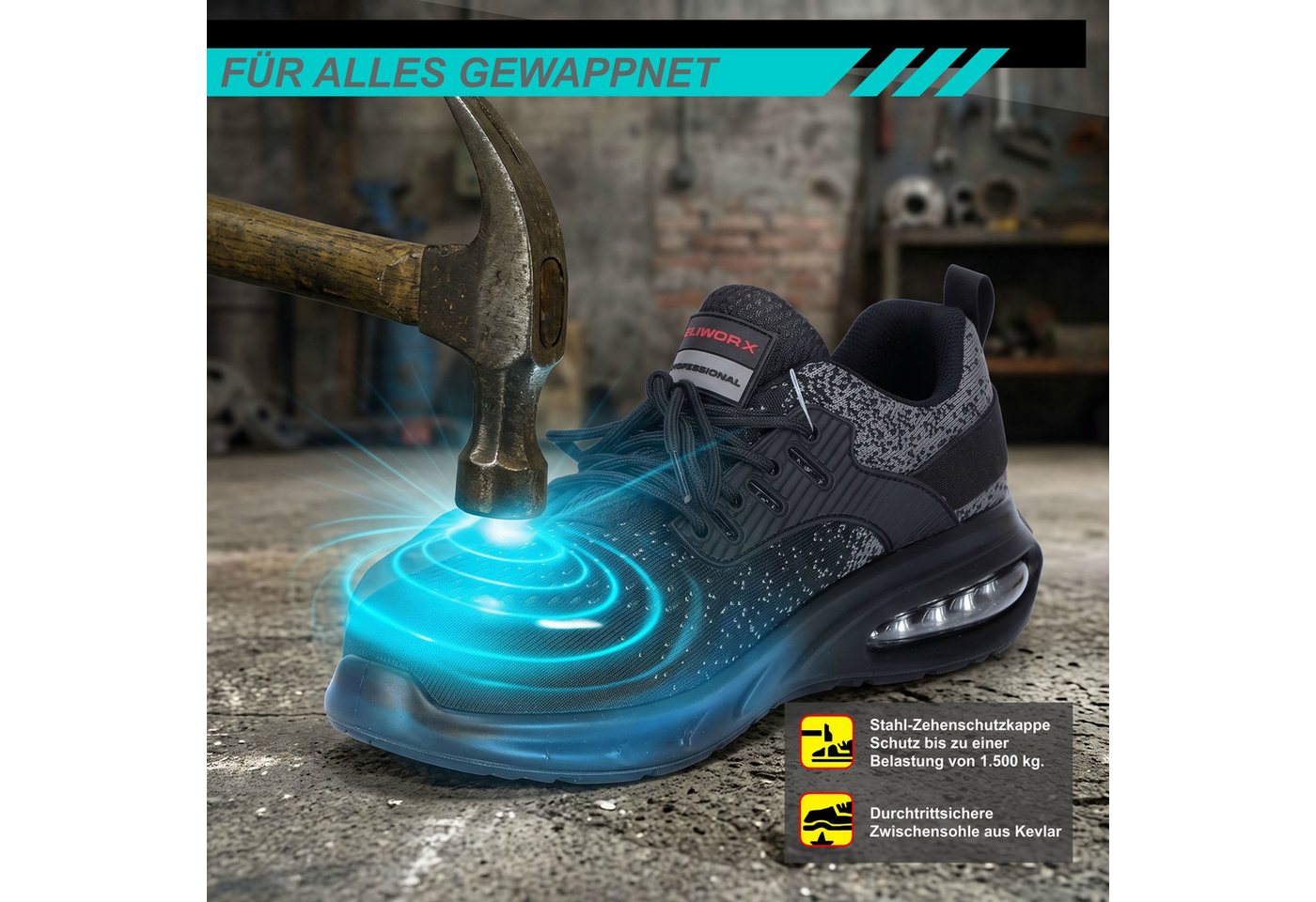 ELIWORX S3S SR ESD mit Stahlkappe, Atmungsaktives Mesh - Arbeitsschuhe Herren Sicherheitsschuh Nach EN ISO 20345:2022+A1:2024, Herausnehmbares Fußbett, Rutschhemmend Bild 3