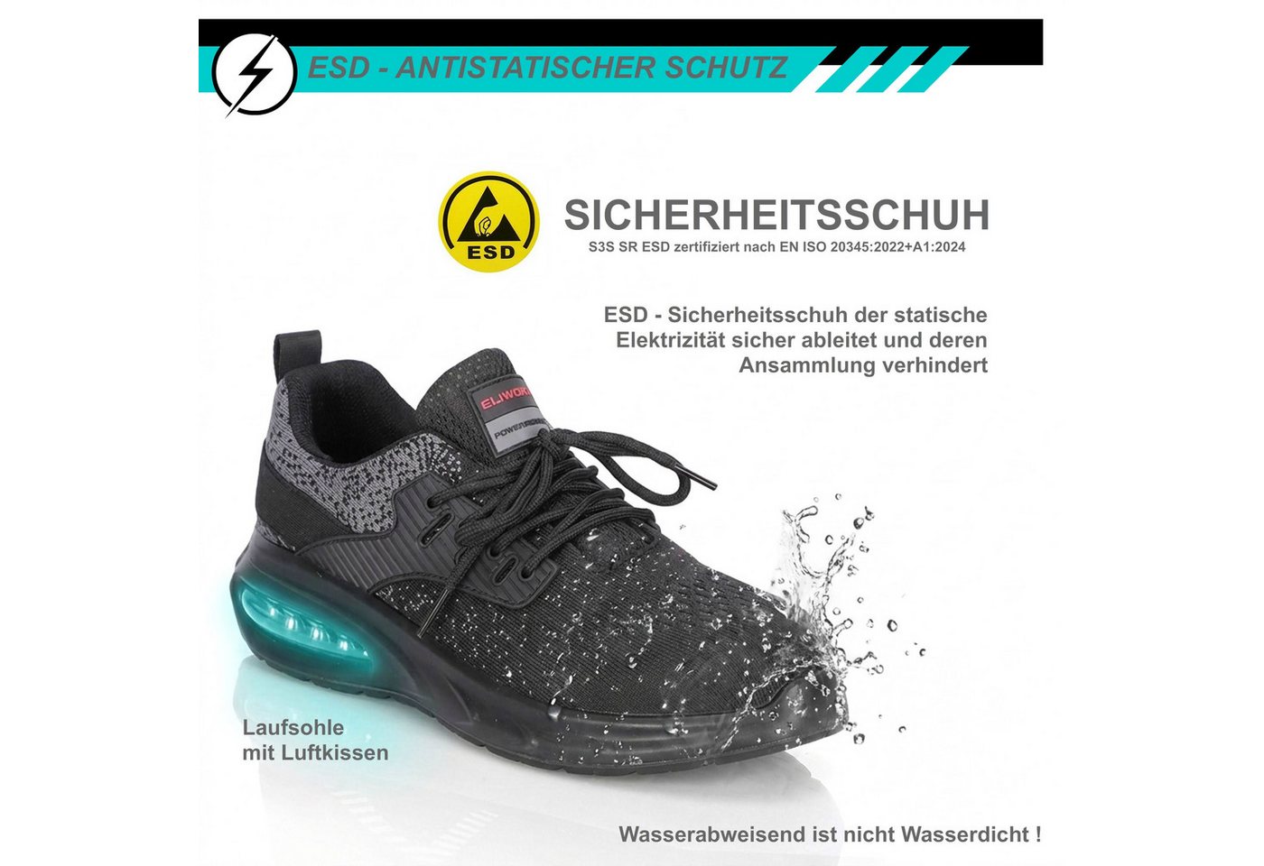 ELIWORX S3S SR ESD mit Stahlkappe, Atmungsaktives Mesh - Arbeitsschuhe Herren Sicherheitsschuh Nach EN ISO 20345:2022+A1:2024, Herausnehmbares Fußbett, Rutschhemmend Bild 5