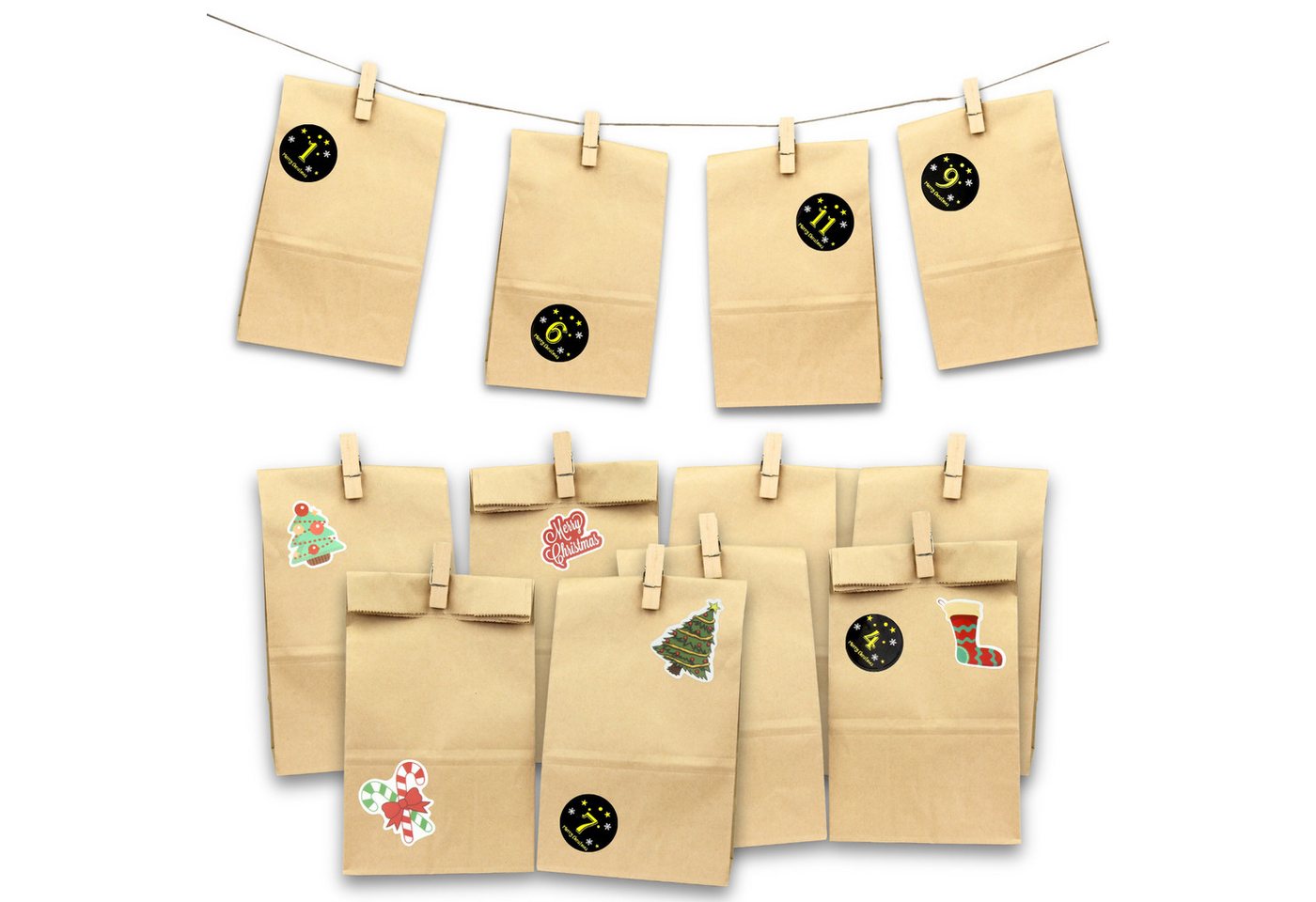 Fomax DIY-Adventskalender zum Befüllen, Komplettes SET mit Papiertüten, Klammern und Stickern, Weihnachtskalender selber machen, wiederverwendbar