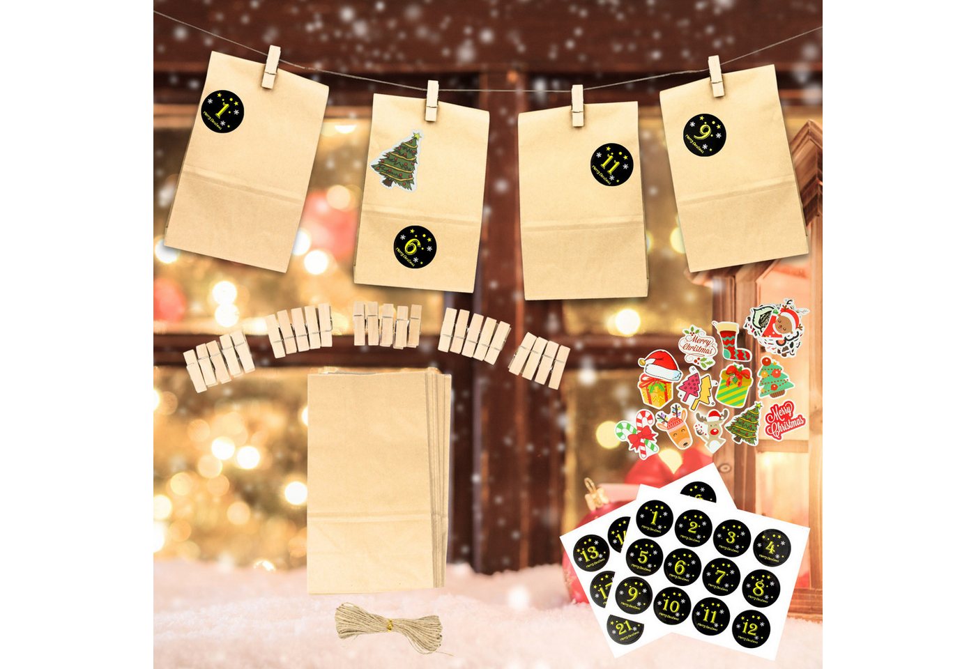 Fomax DIY-Adventskalender zum Befüllen, Komplettes SET mit Papiertüten, Klammern und Stickern, Weihnachtskalender selber machen, wiederverwendbar Bild 3