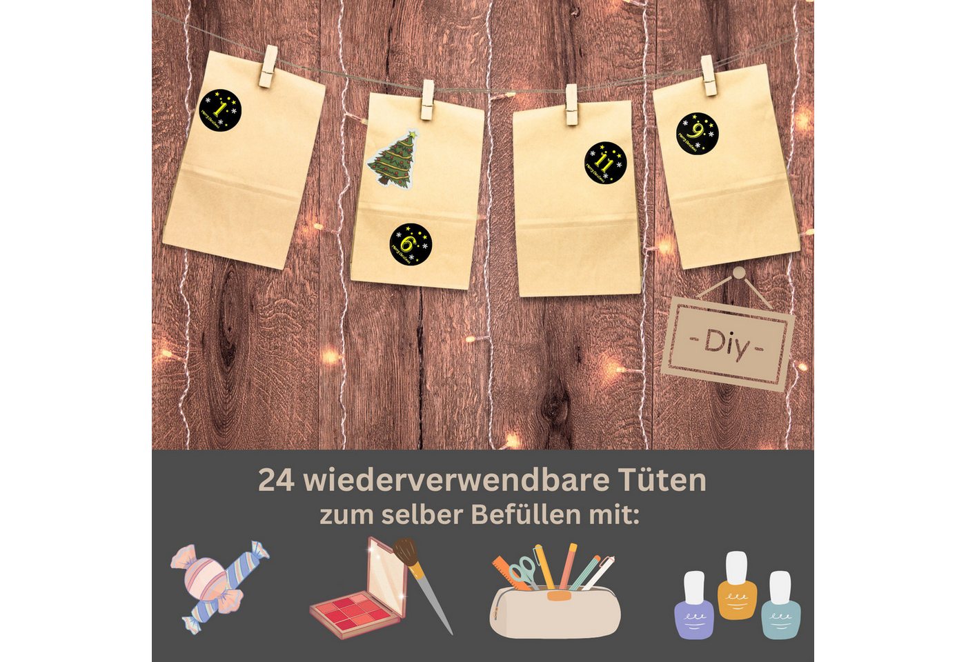 Fomax DIY-Adventskalender zum Befüllen, Komplettes SET mit Papiertüten, Klammern und Stickern, Weihnachtskalender selber machen, wiederverwendbar Bild 5