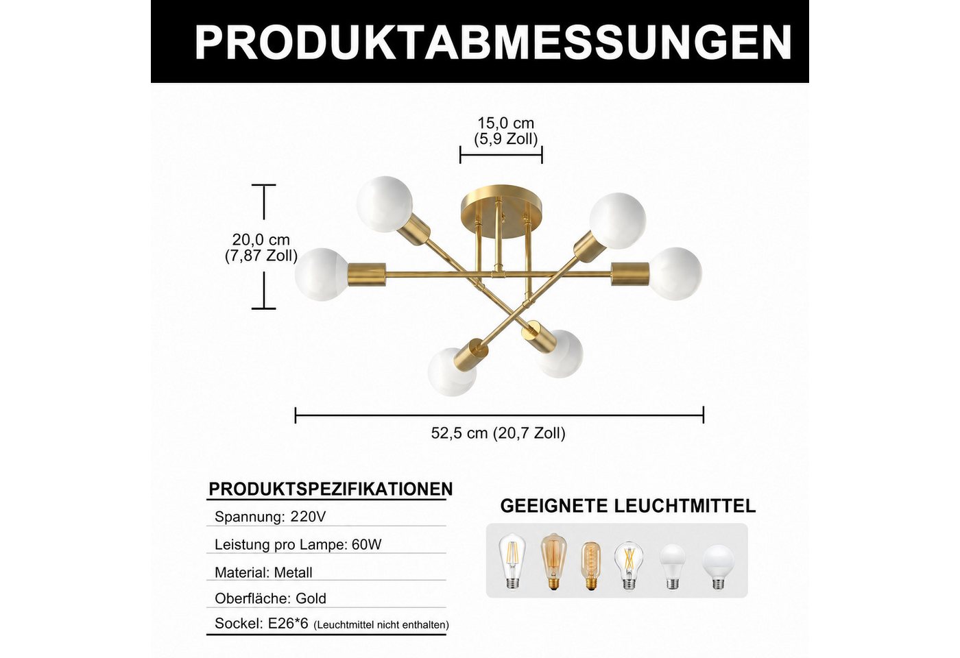 LOHAS-LED Deckenleuchte 6-flammige Metall-Deckenleuchte in edler Kupfer-Optik, ohne Leuchtmittel, 6 x E27 Fassungen, einfache Montage mit EU-Zubehör Bild 5