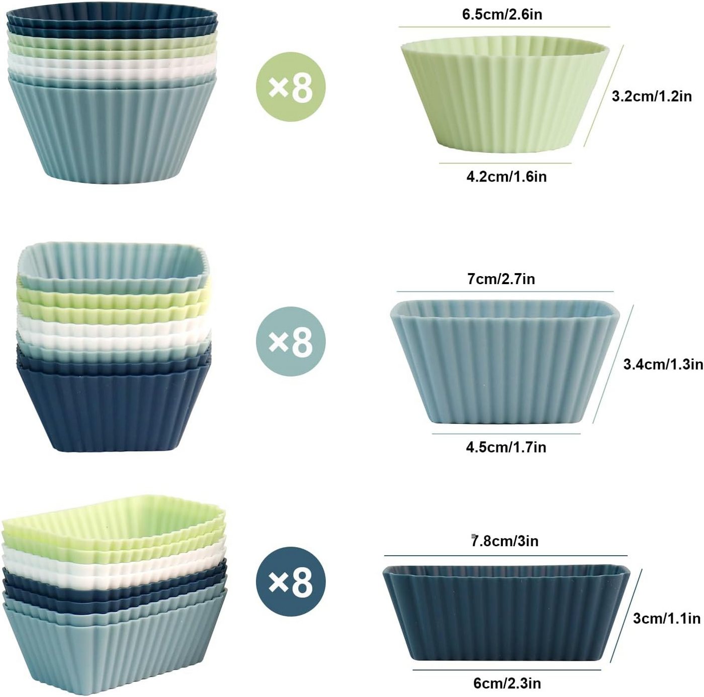 AFKSMILE Silikonform 24 Stück Muffinform Silikon,Wiederverwendbare Backformen Muffin-Formen, (24-tlg), Drei Modelle,BPA-Frei Kuchenform Formen für Kuchen,Eincreme, Pudding Bild 4