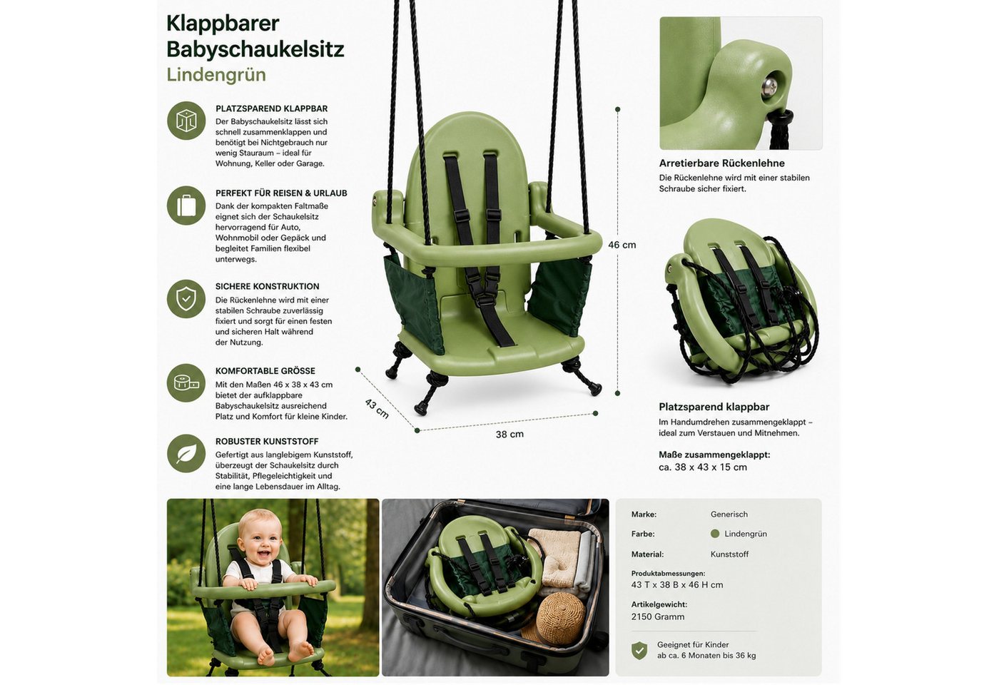 Loggyland Babyschaukelsitz Babyschaukelsitz klappbar Pastellgrün aus Kunststoff faltbar, platzsparend, arretierbare Rückenlehne, kompakt, transportabel Bild 2