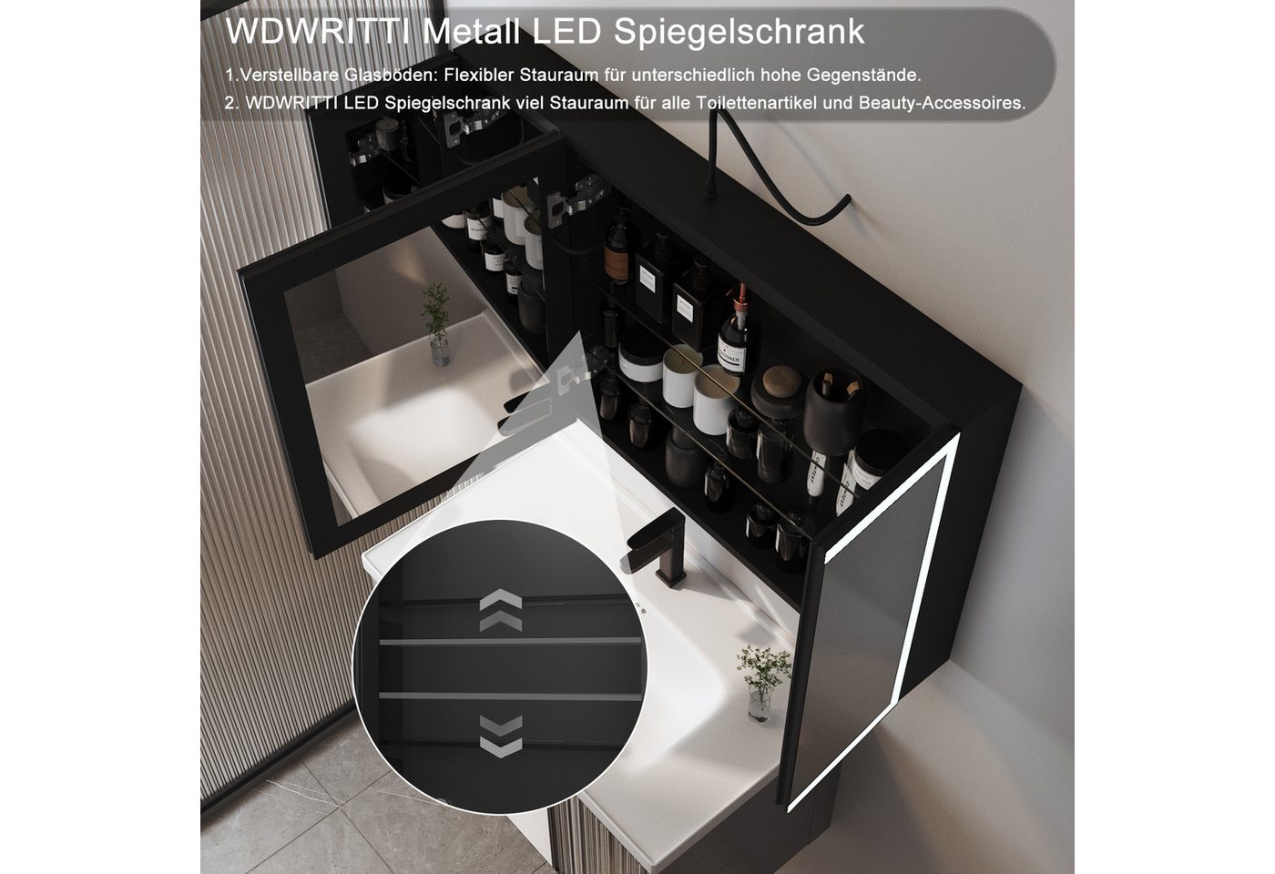WDWRITTI Spiegelschrank Alu 120x60cm Extra Groß LED Badezimmerschrank 3-türig XXL 3Lichtmodi (Wandschrank Aufbewahrungsschrank Schwarz, Doppelspiegel, Glasböden, dimmbar, Anti-Fog) Mit Netzadapter, Vormontiert geliefert, Wandmontage, Einbaumontage