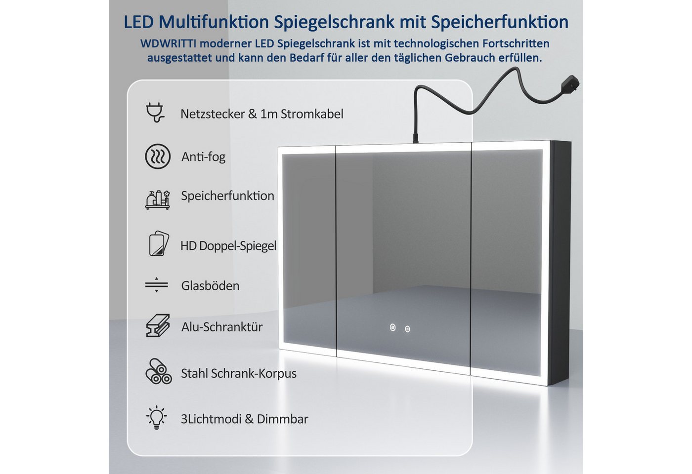 WDWRITTI Spiegelschrank Alu 120x60cm Extra Groß LED Badezimmerschrank 3-türig XXL 3Lichtmodi (Wandschrank Aufbewahrungsschrank Schwarz, Doppelspiegel, Glasböden, dimmbar, Anti-Fog) Mit Netzadapter, Vormontiert geliefert, Wandmontage, Einbaumontage Bild 2