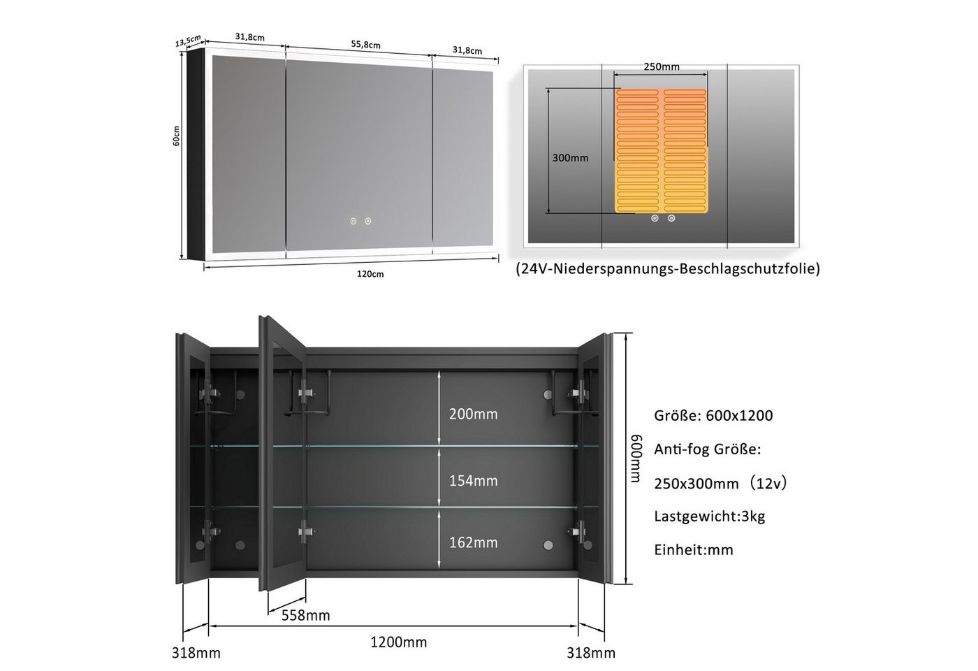 WDWRITTI Spiegelschrank Alu 120x60cm Extra Groß LED Badezimmerschrank 3-türig XXL 3Lichtmodi (Wandschrank Aufbewahrungsschrank Schwarz, Doppelspiegel, Glasböden, dimmbar, Anti-Fog) Mit Netzadapter, Vormontiert geliefert, Wandmontage, Einbaumontage Bild 4