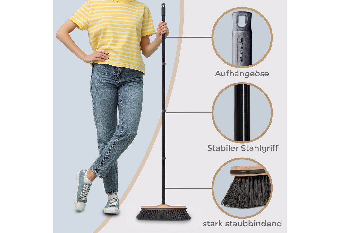 Hausfelder Staubbesen 2 x Besen mit Kantenschutz und Stiel (30 cm breit) (2-St., Zimmerbesen mit Metallstiel), Besen 30 cm, 4teilig mit Drehgewinde Bild 3