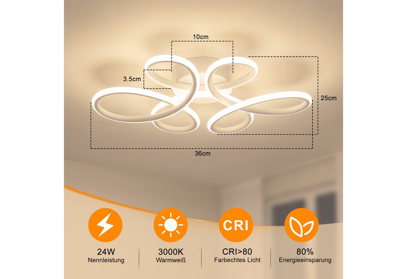 Nettlife LED Deckenleuchte Schwarz/Weiß 24W 3000K Warmweiß moderne Blumendecke Leuchte rundes, für Schlafzimmer Küche Flur energiesparende Deckenlampe aus Metall Bild 4