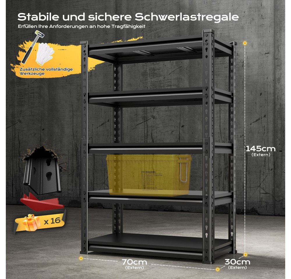 Klyvvo Regal Schwerlastregal Metall, Tragkraft bis 1750 kg, mit 5 Metallböden Verstellbaren, Steckregal Werkstattregal Kellerregal 1-tlg., Standregal, Lagerregal für Keller & Werkstatt, Schwarz Bild 2