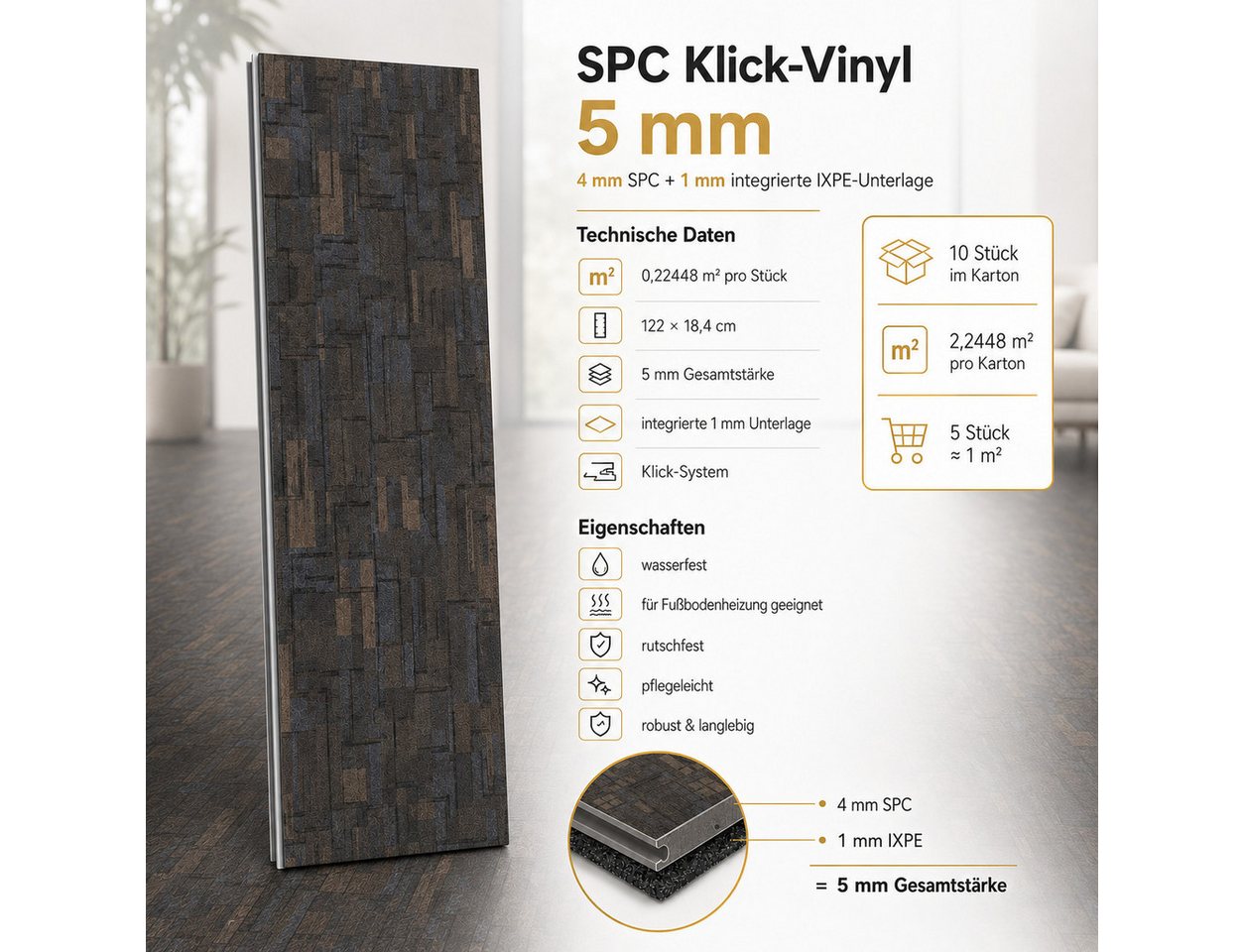 NoblesBox Designboden SPC Klick-Vinylboden 5 mm mit IXPE-Unterlage in Teppichoptik, kleberfrei, mit Trittschalldämmung, wasserfest, pflegeleicht Bild 5