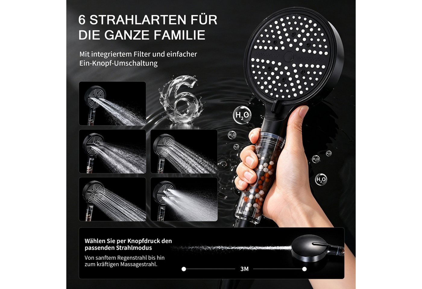 HOMELODY Duschsystem Badewannenarmatur mit Duschset schwarz höhenverstellbar 6 Strahlarten, SUS304 Edelstahl Wannenarmatur mit Handbrause Filter und Ablage