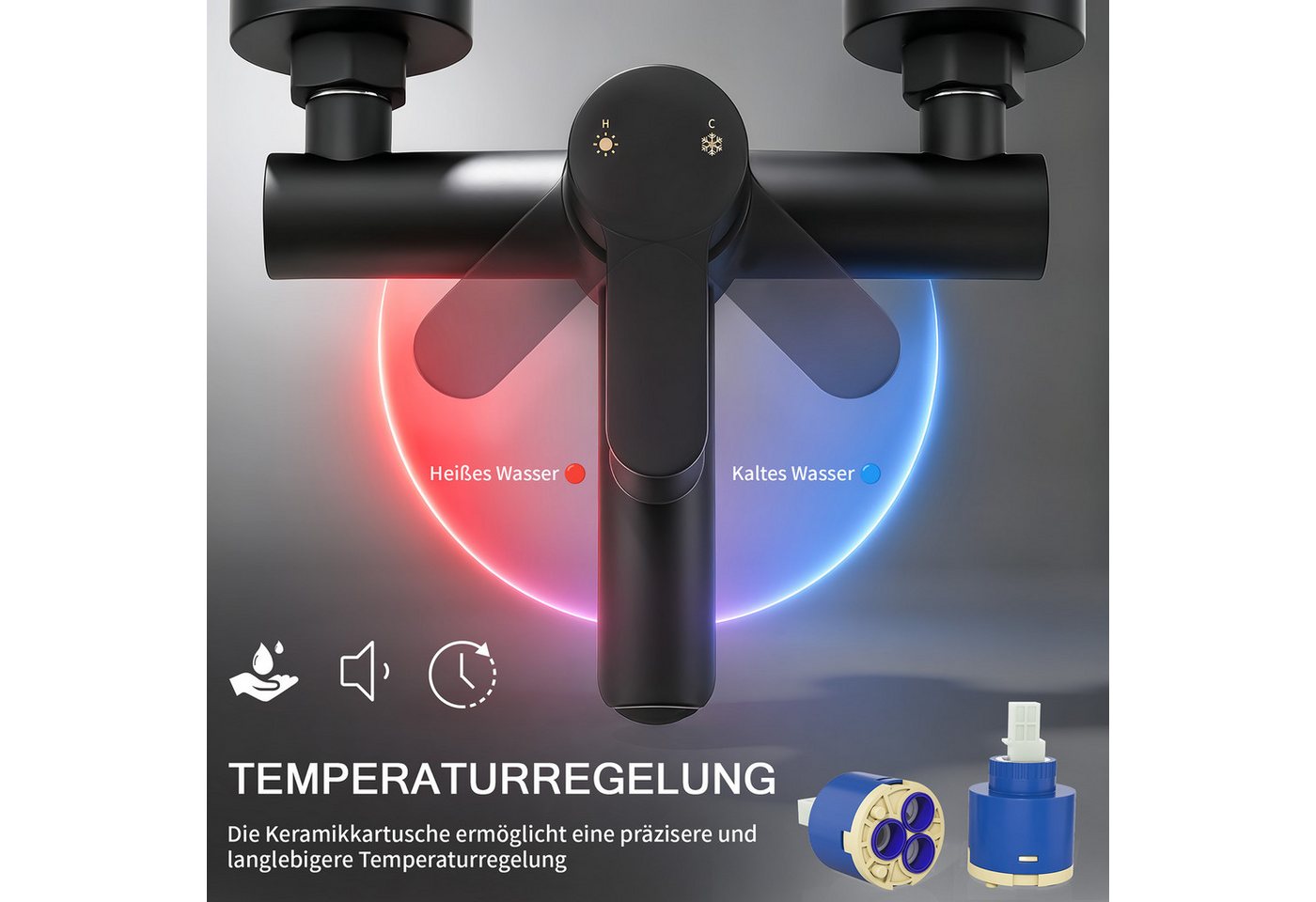 HOMELODY Duschsystem Badewannenarmatur mit Duschset schwarz höhenverstellbar 6 Strahlarten, SUS304 Edelstahl Wannenarmatur mit Handbrause Filter und Ablage Bild 2