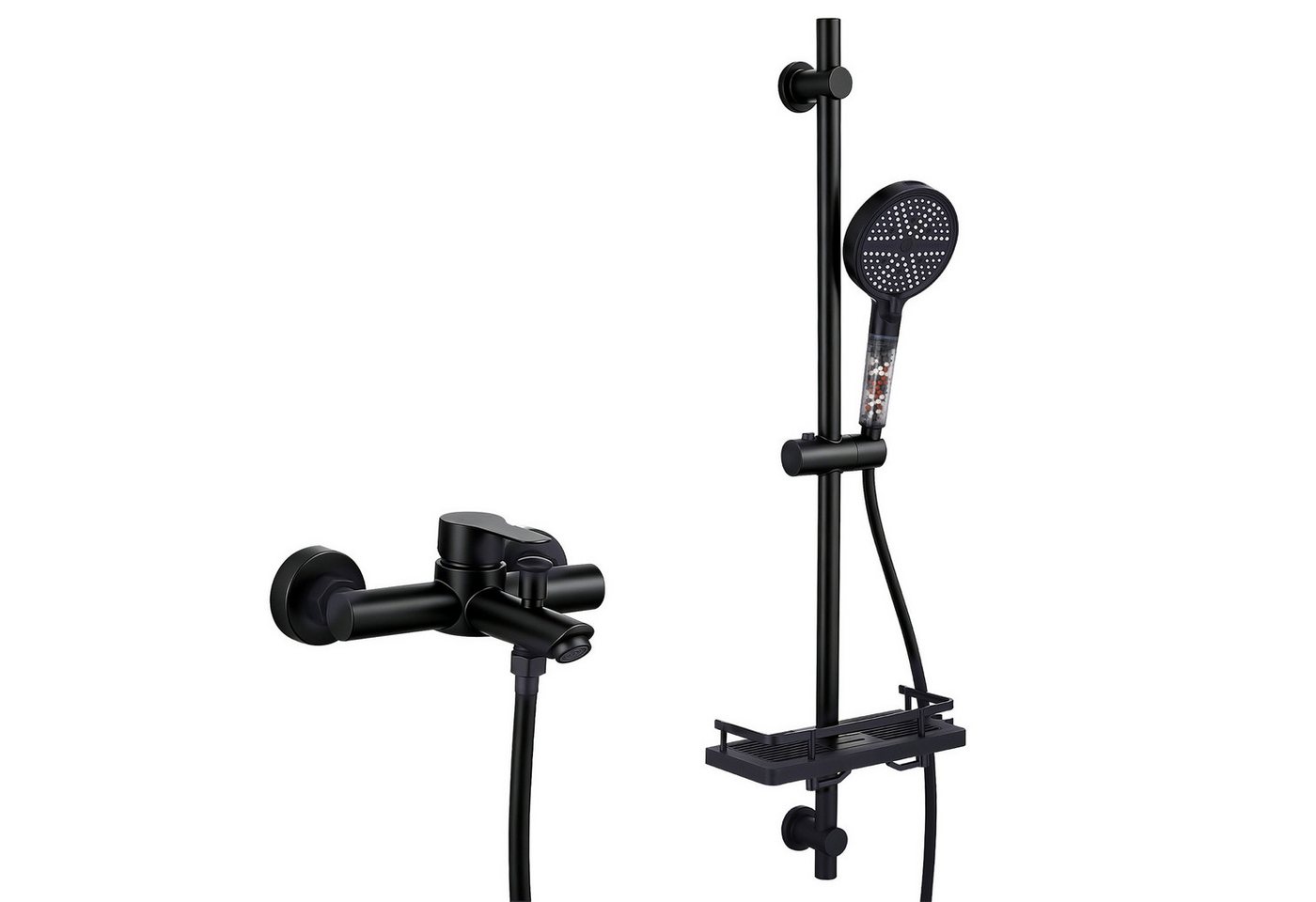 HOMELODY Duschsystem Badewannenarmatur mit Duschset schwarz höhenverstellbar 6 Strahlarten, SUS304 Edelstahl Wannenarmatur mit Handbrause Filter und Ablage Bild 3