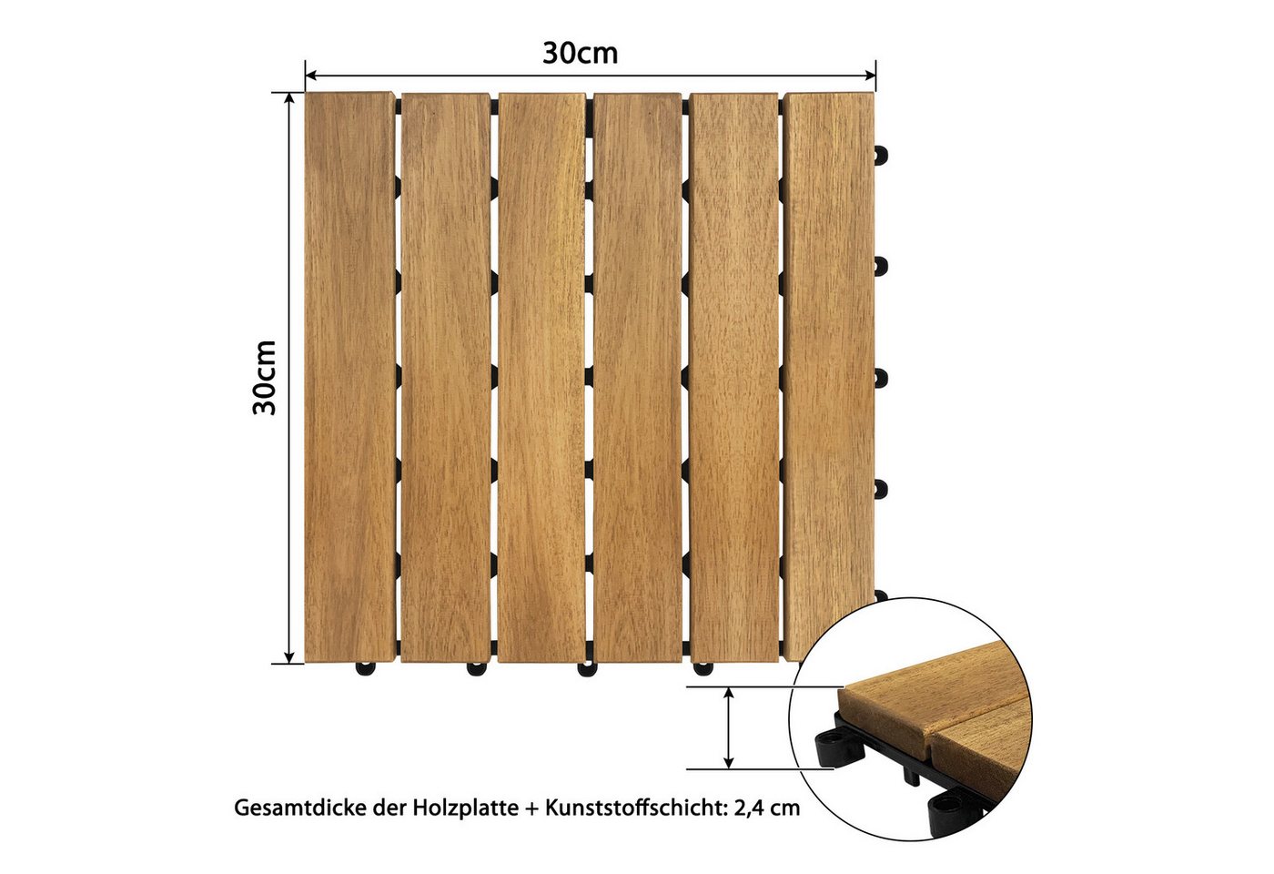 FIVMEN Holzfliesen 6 Latten Terrassenfliesen Klicksystem 30x30 cm -Modell A, 33 St., für Balkon, Garten, Terrasse