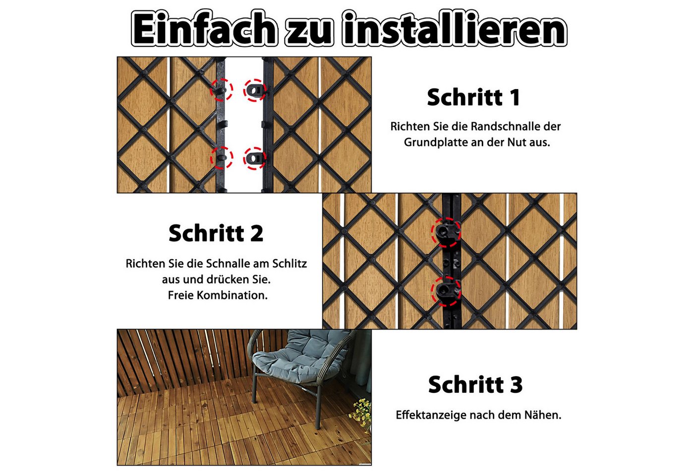 FIVMEN Holzfliesen 6 Latten Terrassenfliesen Klicksystem 30x30 cm -Modell A, 33 St., für Balkon, Garten, Terrasse Bild 5